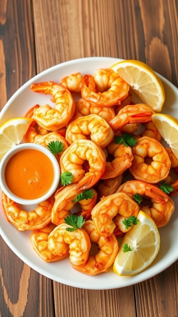Crispy Air Fryer Frozen Shrimp Recipe Crispy air fryer shrimp served with lemon wedges and dipping sauce on a rustic table.